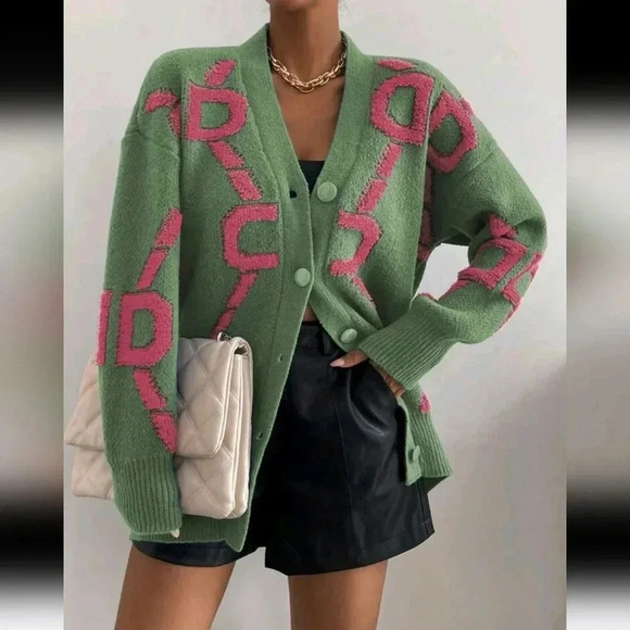Letter Pattern Drop Shoulder Cardigan - Picture 1 of 6